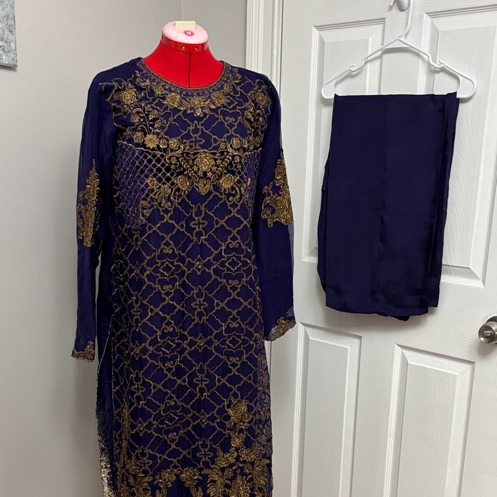 Navy Blue Embroidered Formal Dress with Gold Threadwork
